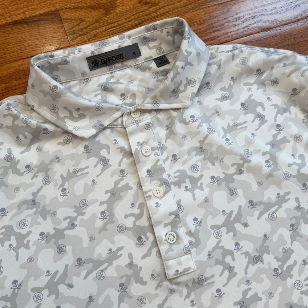 G/FORE Performance Golf Polo Shirt Mens XL Skulls Camo Print Gray White AOP